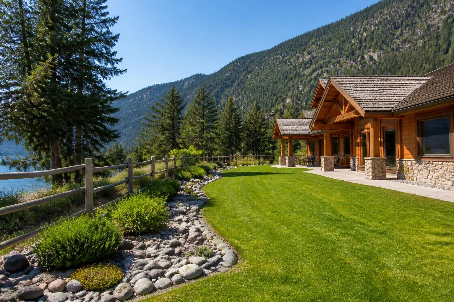 Green lawn, river-rock bed and split-rail fence beside a lodge-style home near a mountain lake