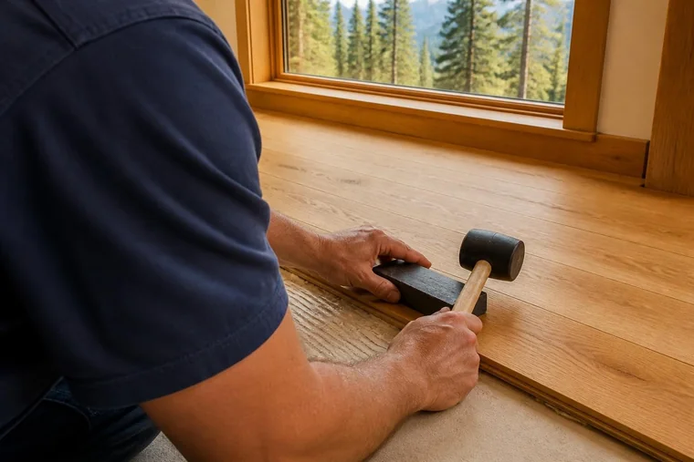 Fitting an oak hardwood board into place with a mallet and tapping block