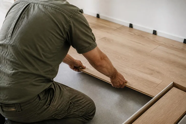 Clicking a laminate plank into the next row