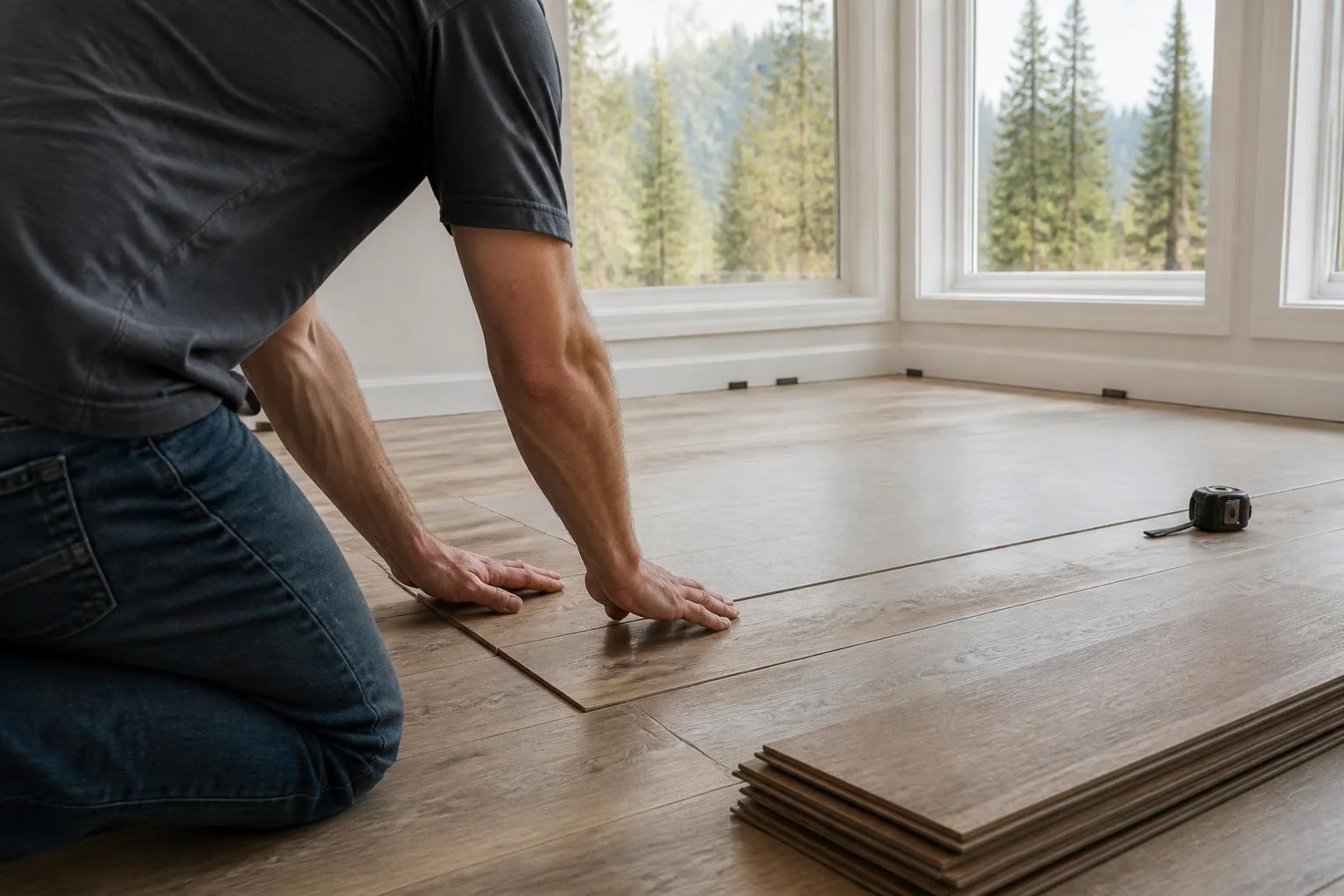 Installer pressing a wood-look vinyl plank into place on a new floor