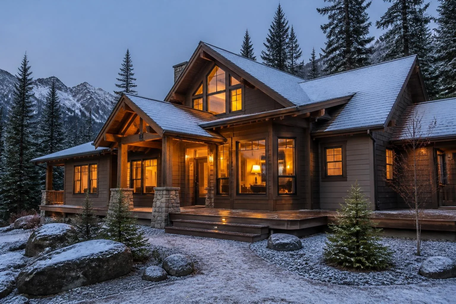 Mountain vacation cabin with a light dusting of snow and warm lights in the windows