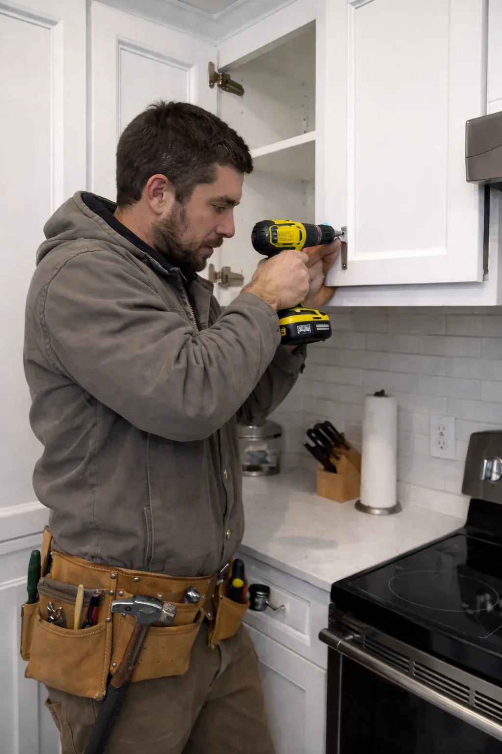 Handyman drilling a new hinge into a white kitchen cabinet door