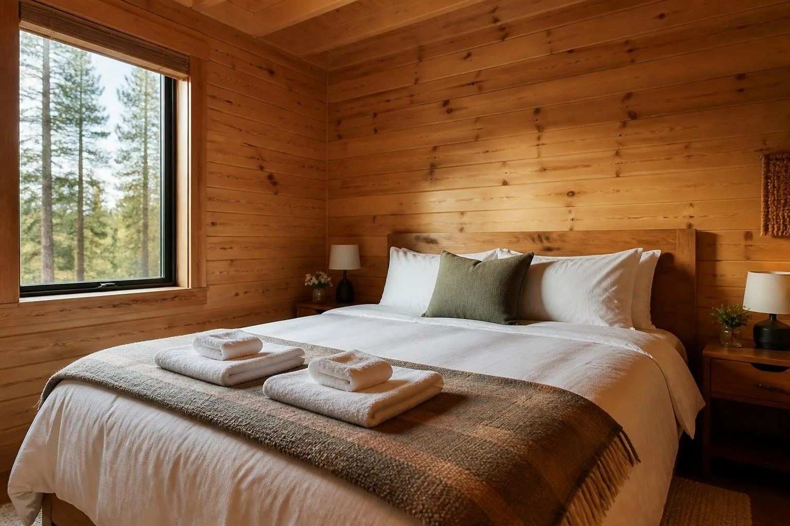 Freshly made bed with folded towels in a clean cabin bedroom, ready for guests