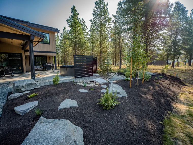 Boulder bed with young native plants behind the patio